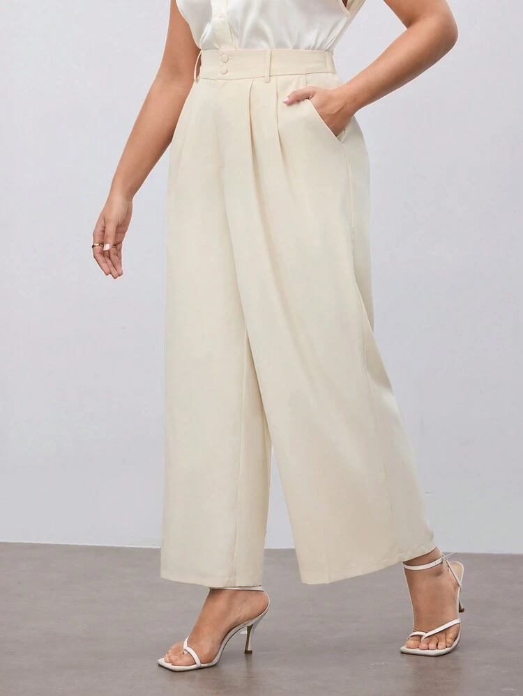 SHEIN Maija 플러스 사이즈 캐주얼 솔리드 화이트 컬러 하이 웨이스트 스트레이트 레그 팬츠 성 패트릭의 날 여성 부활절 여름 부활절 여성 파티 탑 비치 여름 휴가 각 휴가 여성 여름 팬츠