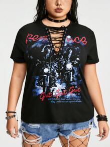 ROMWE Grunge Punk Kích thước lớn Xoăn Lỏng lẻo sâu Cổ chữ V Ngắn tay Áo thun Với Rock Lễ hội Mẫu In - màu đen - Xem 4