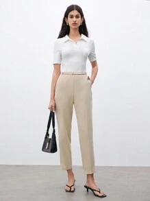 SHEIN Unity 女性時尚夏季純色9/10長度萬用通勤褲 - 卡其色 - 查看 1