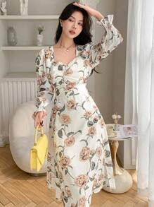 DAZY Damska sukienka z dekoltem w serduszko, rękawami typu latarnia, nadrukiem i elegancką, falbaną, jesienną sukienką na wakacje - Żółty - Zobacz 4