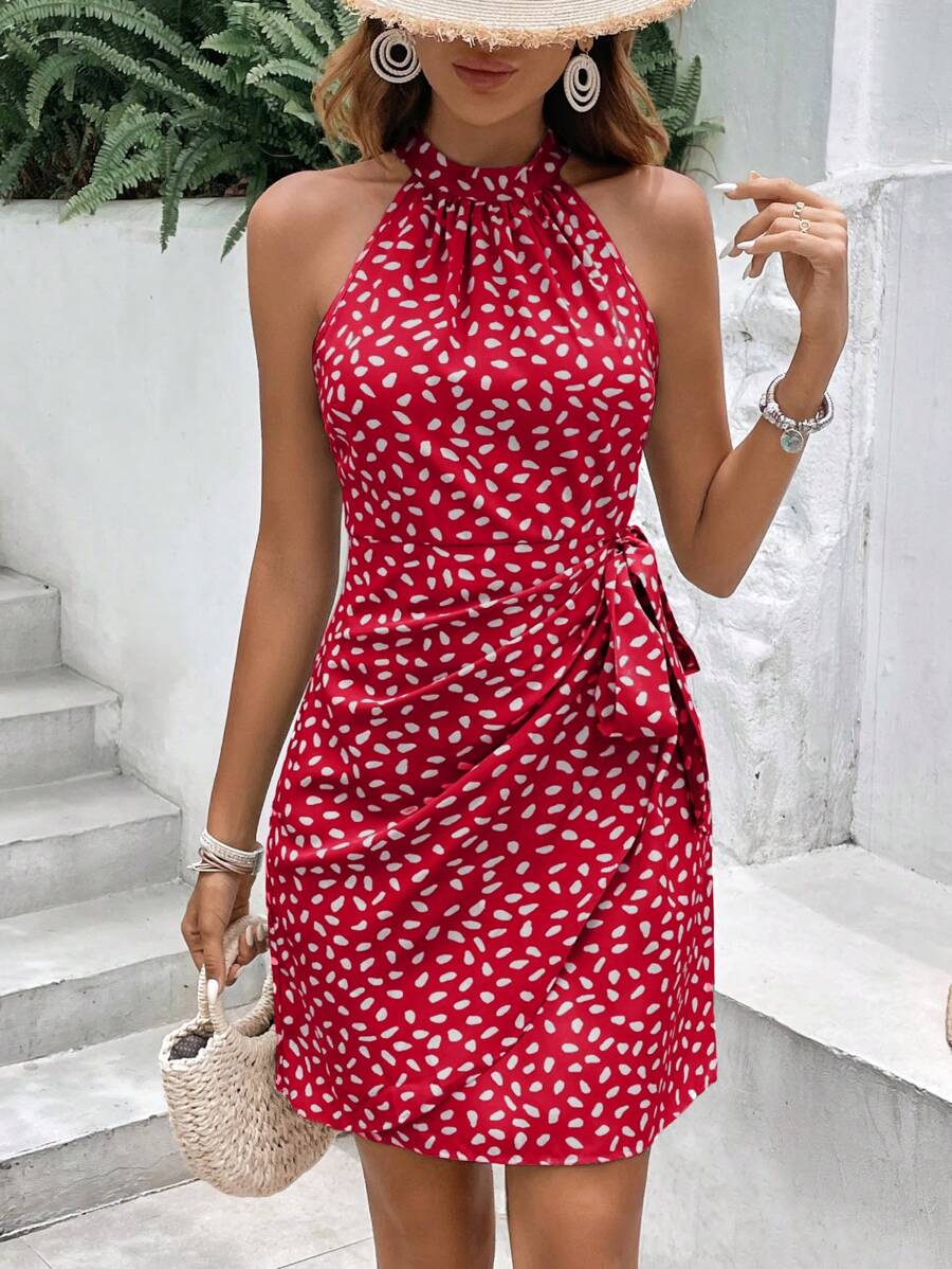 SHEIN Frenchy Women's Summer Allover Print Sleeveless Halter Dress Teacher Clothes  Old Money Style Elegant Dress,Summer Dresses,Summer Dresses For WomenSpring Clothes Christmas New Year Chic Red Vacation Casual Beach Valentine's Day Holiday Resort - Red - View 1