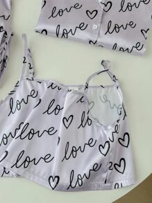 SHEIN Tween Girl Heart Pattern Silk Elegant Quality Woven Home Wear 3pcs/Set - Purple - View 9
