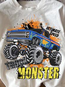 SHEIN ModeFlare Wear Monster Truck & Young Boy Casual Simplistic Truck Graphic Print Round Neck Short Sleeve T-Shirt, Cotton Blend, Suitable For Summer