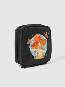 Mystic Sunshine 时尚卡通风格趣味蘑菇、云朵和蝴蝶印花大容量便携式化妆包带厚夹层和填充物 103749 - 彩色 - 查看 3