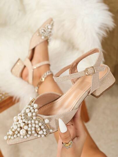 Women's Fashion Pearl Bridal Wedding Shoes Pointed Toe Closed Toe Chunky Heels Pumps, French Elegant Suitable For Dresses, Comfortable And Versatile