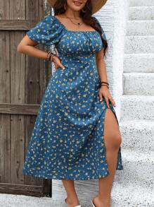SHEIN LUNE 大尺碼女士時尚花卉印花短袖連衣裙 - 藍色 - 查看 5