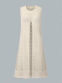 少女夏季時尚長款無袖開衫毛衣，適用於度假 - 杏色 - 查看 3