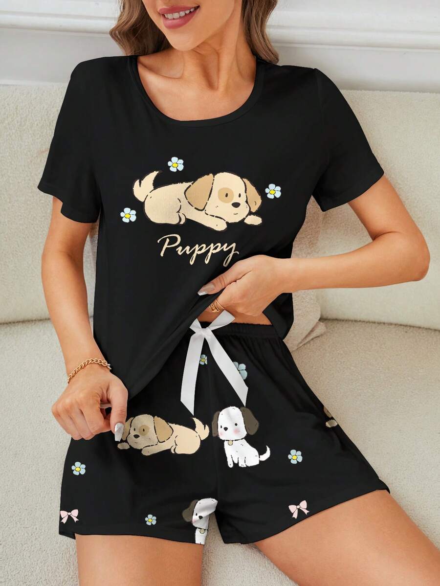 SHEIN Women's Animal Printed Round Neck Short Sleeved T-Shirt And Shorts Pajama Set, Suitable For Summer - Multicolor - View 1