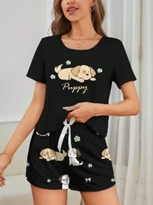 SHEIN Women's Animal Printed Round Neck Short Sleeved T-Shirt And Shorts Pajama Set, Suitable For Summer - Multicolor - View 5