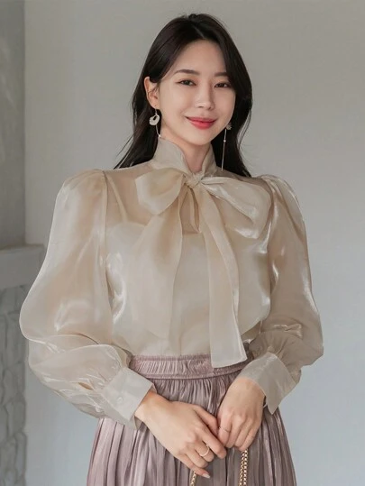 DAZY 캐주얼 비즈니스 솔리드 컬러 타이넥 여성 블라우스, 가을 옷 긴팔 상의