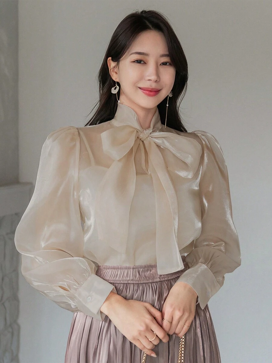 Wynsel 休闲商务纯色系带女士衬衫，秋季服装长袖上衣 - 杏色 - 查看 1