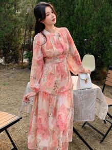 DAZY 女士印花灯笼袖收腰春季休闲连衣裙，荷叶边，秋季长袖连衣裙度假装扮 - 淺粉色 - 查看 4