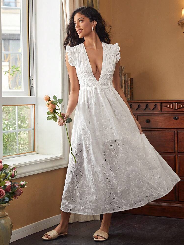 Designer Women's Solid Color Deep V-Neck Ruffle Sleeve Elastic Ruched Summer Elegant Dress, Sundress Holiday, Party, Birthday Outfits, Festival, Wedding, Prom Dress