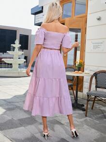 GENKIRA Summer Casual Striped Square Neck Top And Ruffle Hem Skirt For Vacation - Pink - View 2