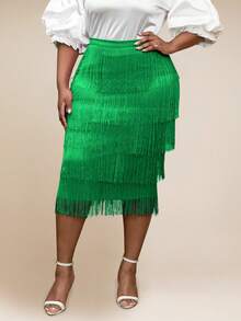 大碼流蘇邊半身裙 - 綠色 - 查看 6
