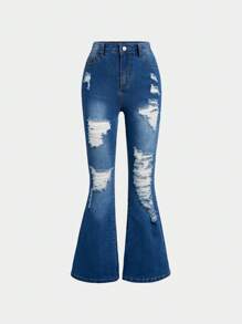 SHEIN Girlism Jeans mit ausgestelltem Bein im Boho-Stil mit Distressed-Effekt für Tween Mädchen im Frühjahr und Sommer