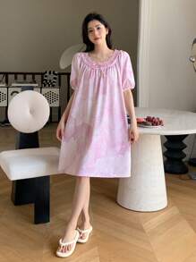 DAZY Camisón de pijama con mangas abullonadas y encaje estampado - Rosa - Ver 4