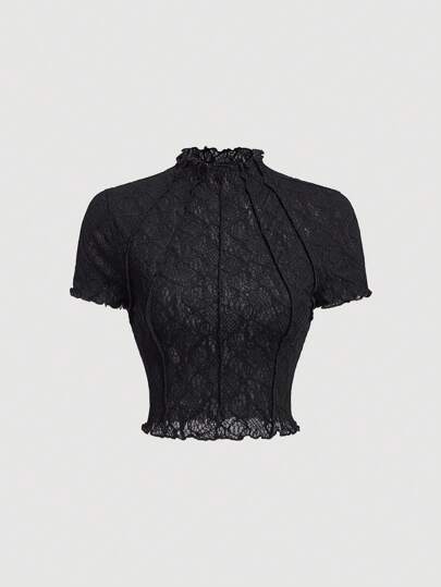 SHEIN MOD Women's Black Knitted Perspective Stand Collar Short Sleeve Slim Fit T-Shirt Suitable For Summer