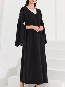 Al Najma Arabian Abaya With Cape Sleeves & Rhinestone Decoration, Muslim Fashion Abaya For Casual/Festival/Gathering/Travel - Black - View 3