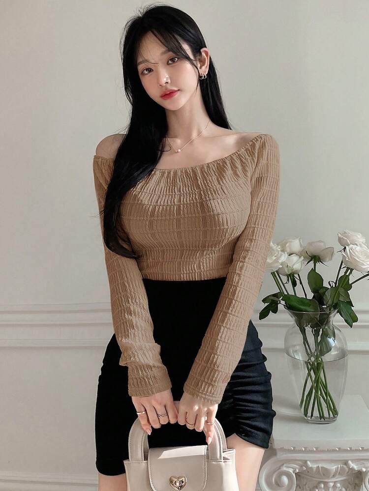 Women's Fashionable Summer Elegant Texture Off Shoulder T-Shirt Long Sleeve Women Tops,Fall Women Clothes Going Out Tops Women