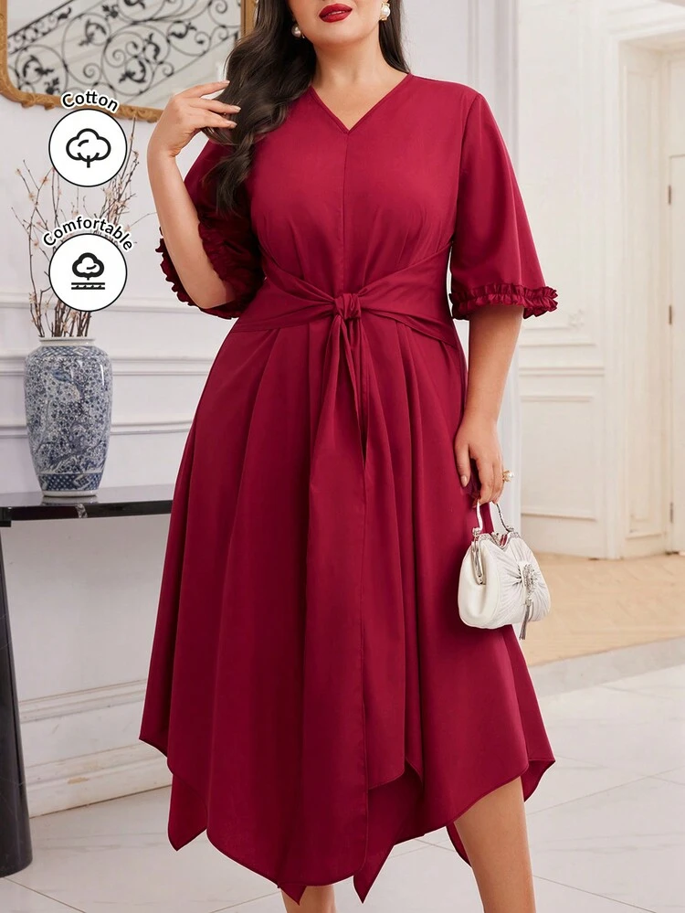 Plus Size Women's Arabic Style Dress With Asymmetrical Hem, Flared Sleeves And Pleated Trim Long Evening Dresses