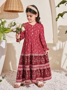 SHEIN Young Girl Loose Vacation Style Plant Printed Dress With Ruffled Sleeves And V-Neck - Burgundy - View 3