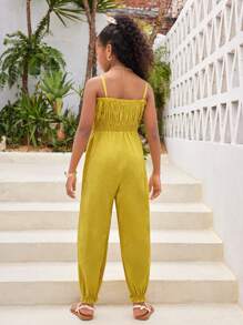 SHEIN Conjunto de traje de baño informal con parte superior + Bottom + falda de color empalmado con ribete de volantes para niña preadolescente