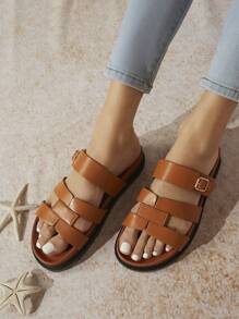 SHUZIA Women's Solid Color Buckle Strap Flat Sandals - Camel - View 1