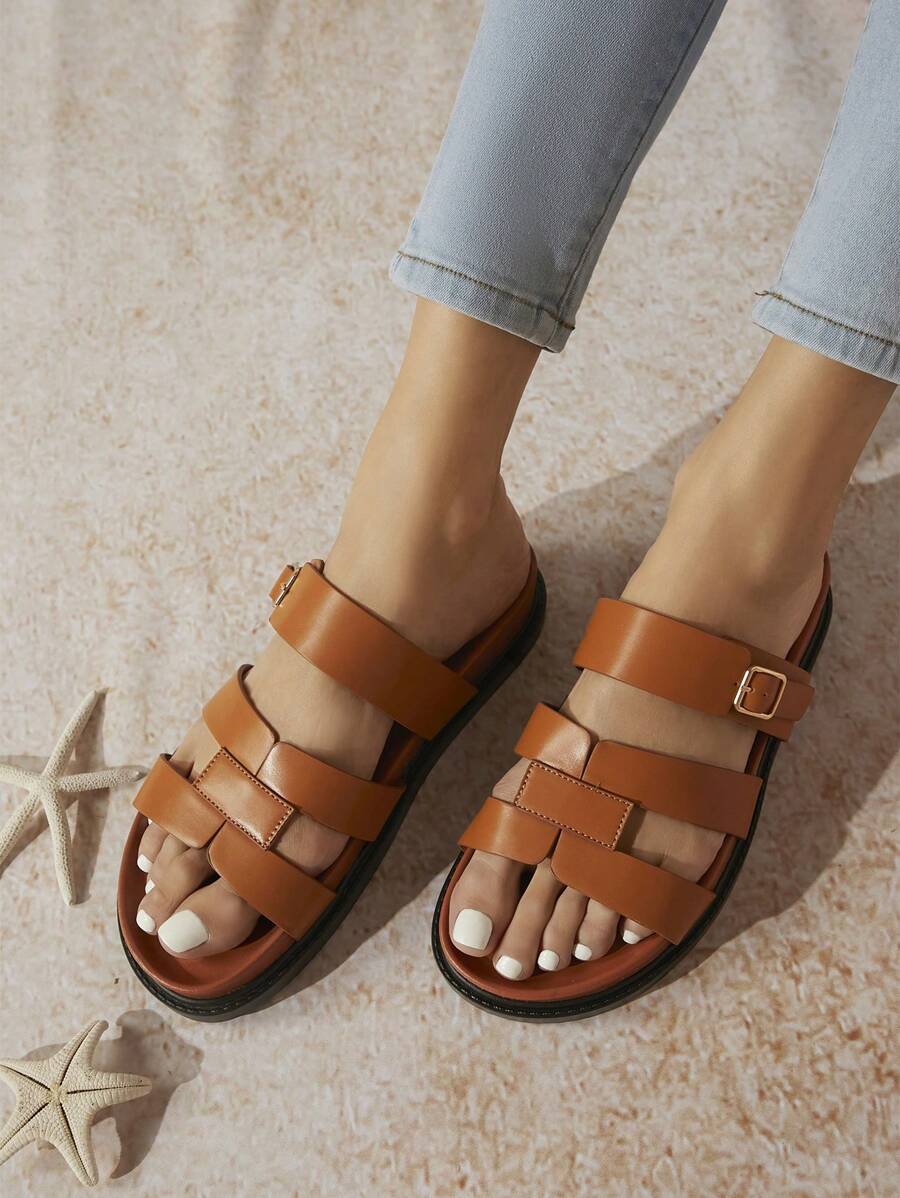 SHUZIA Women's Solid Color Buckle Strap Flat Sandals - Camel - View 1