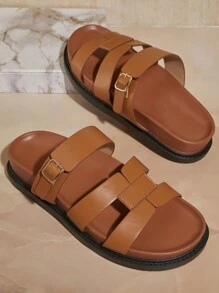 SHUZIA Women's Solid Color Buckle Strap Flat Sandals - Camel - View 6