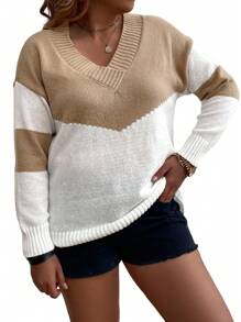 SHEIN LUNE Suéter de mujer talla grande con bloque de color y cuello en V, de manga larga, adecuado para primavera y otoño, suéter de punto para otoño e invierno - Caqui - Ver 4