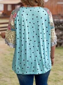 Breezaya 大码优雅夏季休闲宽松 T 恤，带心形印花和圆领图案 T 恤女式上衣 - 彩色 - 查看 2