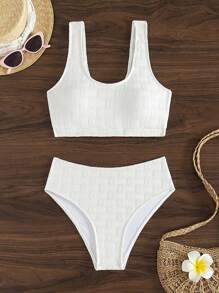 SHEIN Swim Ensemble Bikini de couleur unie pour femmes, maillot de bain texturé, tenue de plage, vacances d'été, plage d'été - Blanc - Voir 6