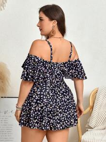 Swim Lushoire Plus Size Summer Beach Cold Shoulder Ruffle Trim Ditsy Floral Print Swim Dress & Swim Bottom, Random Print