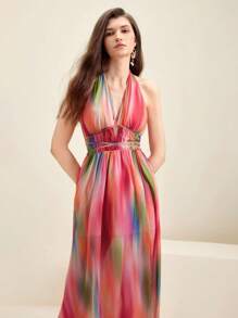 Anewsta Women's Colorful Dreamy Halter Backless Tie Dye Dress - Multicolor - View 6
