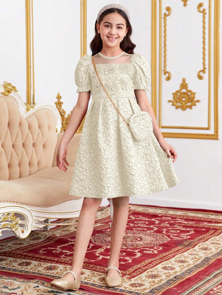Cô gái Tween Thanh lịch Dập nổi Bong bóng Đầm Với ví , Hoàn hảo Đối với Kỳ nghỉ - Màu be - Xem 1