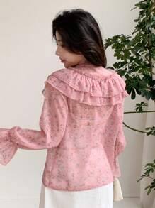 DAZY Long Sleeve Ruffle Collar Bow Blouse,Fall Clothes - Pink - View 5