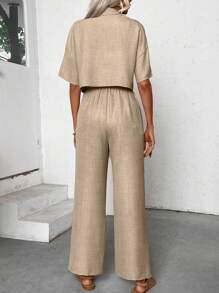 SHEIN LUNE 女士假日亚麻短袖衬衫和裤子套装休闲女士休闲纽扣结短袖宽松卡其色落肩衬衫裤子女两件套春夏休闲日常装 - 卡其色 - 查看 2