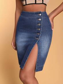 SHEIN BAE Women's Fashionable Summer Button Design Slit Denim Midi Skirt