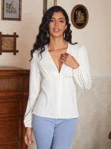 KES Blusa de mujer de estilo de negocios casual con manga farol y corpiño falso, para vacaciones, primavera, festivales y oficina