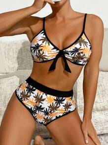 SHEIN Swim 女式分体比基尼套装，配有椰子树印花拼色边缘文胸和泳裤，夏季 - 彩色 - 查看 3