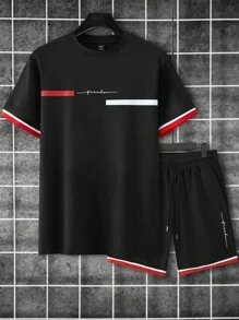 Manfinity Homme 男士夏季短袖t恤和短褲套裝,印有字母印花的休閒服 - 彩色 - 查看 2