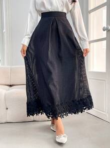 Modelyn Women's Solid Color Applique Trimmed Hem Long Skirt - Black - View 1