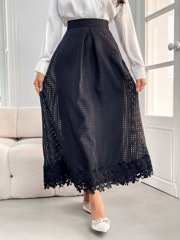 Women's Solid Color Applique Trimmed Hem Long Skirt