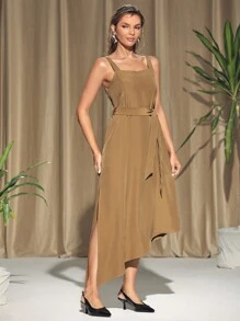 KES Vestido midi de princesa sin mangas color caqui, vestido elegante de verano para vacaciones, fiestas, cumpleaños, festivales, boda, baile de graduación