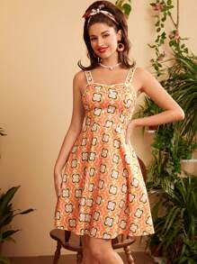 Vintamour Lata 60. Vintage, wiejski styl, damski blok kolorów, spaghetti, pasek, geometryczny nadruk, sukienka typu swing z falbaną na dole, na wiosnę/lato, kwadratowy dekolt, renesans, urocze letnie sukienki, sukienka z nadrukiem, zabawne wzory, letnia sukienka, sukienka w kwiaty, sukienka dla nauczyciela, letnia sukienka. - Pomarańczowy - Zobacz 3