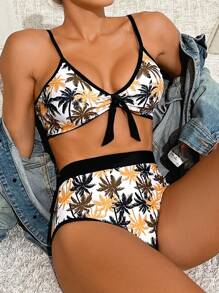 SHEIN Swim 女式分体比基尼套装，配有椰子树印花拼色边缘文胸和泳裤，夏季 - 彩色 - 查看 5