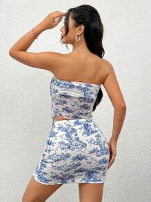 SHEIN PETITE Women's Resort Style Plant Printed Strapless Crop Top And Pencil Skirt Slim Fit Set - Blue - View 2