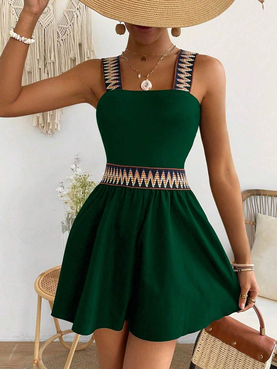 Breezaya Vacation Weave Strap Splice Cami Jumpsuit - Dark Green - View 1