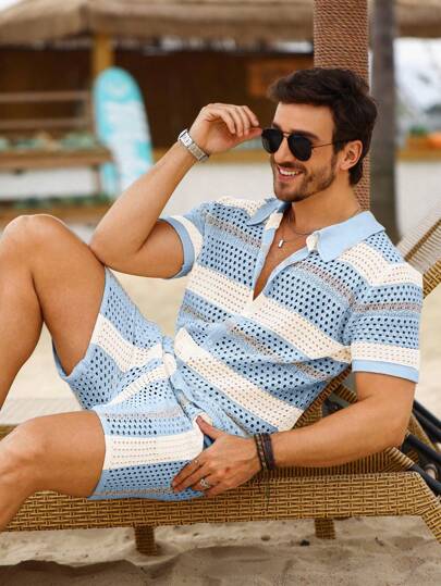 Manfinity RSRT Conjunto de dos piezas de suéter con top de manga corta con cuello polo y cierre de botones delantero de ganchillo y pantalones cortos tejidos con bolsillos, ropa de otoño para hombre